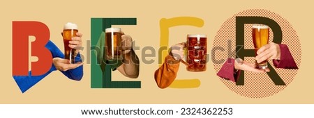 Human hand holding glasses filled with lager beer. Contemporary art collage. Banner, flyer. Concept of alcohol drink, oktoberfest, taste, party, festival and leisure time, ad