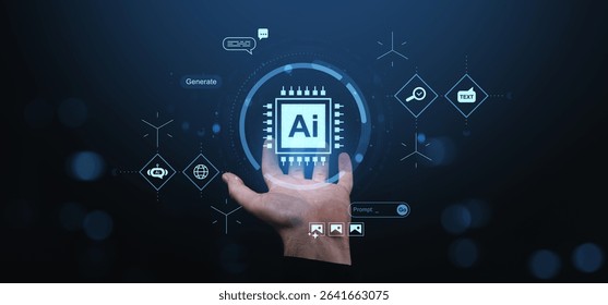 A human hand holding a glowing AI chip hologram, futuristic digital interface, dark background, concept of artificial intelligence tech