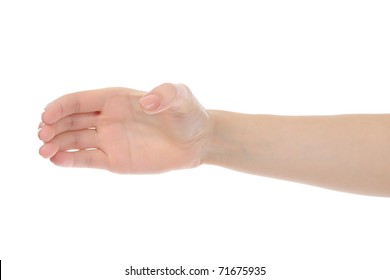 Human Hand Holding Invisible Bottle. Isolated On White Background