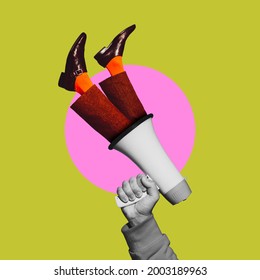 Human hand holding megaphone with legs. Contemporary art collage, modern artwork. Concept of idea, inspiration, creativity and beauty. Bright green, pink colors. Copyspace for your ad or text. Surreal - Shutterstock ID 2003189963