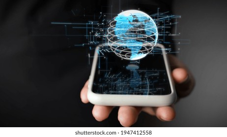 Human hand holding mobile phone with earth globe holographic technology . Futuristic visualization for virtual reality and augmented reality . - Powered by Shutterstock