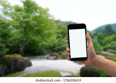 Human Hand Is Holding Phone For Taking Picture With Red Blur Maple Leave  Background