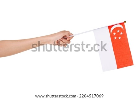 Human hand holding Singapore national flag isolated over white background