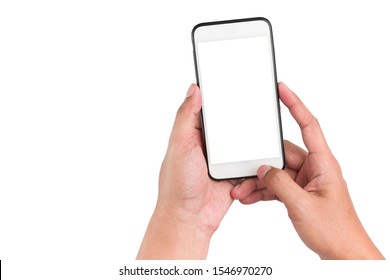 Human hand holding the touch screen cellphone isolated on white background with clipping path. - Shutterstock ID 1546970270