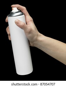 Human Hand Holding A Unlabeled Aerosol Can, Studio Shot In Black Back