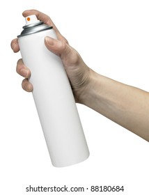 Human Hand Holding A Unlabeled Aerosol Can, Studio Shot In White Back