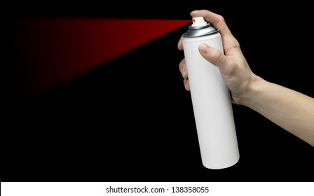 Human Hand Holding A Unlabeled White Aerosol Can With Red Spray In Black Back