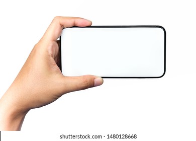 Human Hand Holding A Virtual Cell Phone Is Playing Game Or Watching Movie On Screen, Isolated On White Background.