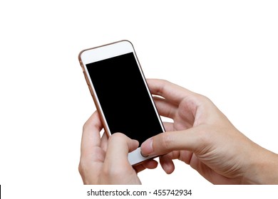 Human hand holding white phone on black screen isolated  with clipping path