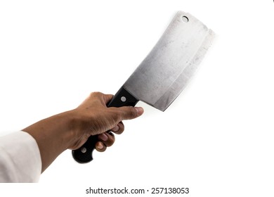 Human Hand Holds Butcher Knife Or Cleaver Isolated On White