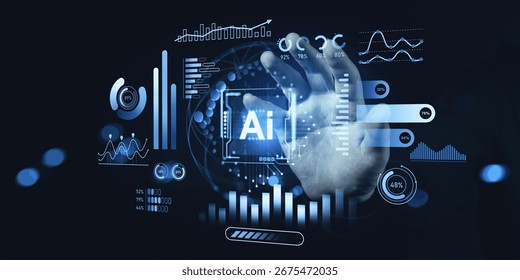 Human hand interacting with AI interface showing futuristic hologram data, digital charts and analytics on dark background, concept of artificial intelligence
