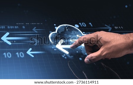 Human hand interacts with holographic cloud icon on digital screen, surrounded by arrows and binary code, on a virtual futuristic background