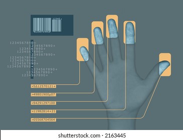 human hand interfacing with digital technology/having biometric scan