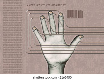 human hand interfacing with digital technology/having biometric scan