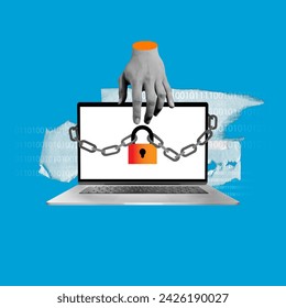 Human hand locking laptop screen with chain and padlock over binary code. Cybersecurity service ad. Securing data symbolizing protection against breaches. Concept of cybersecurity, data, business