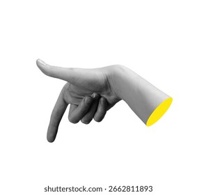 Human hand making a pointing down gesture with index finger extended, isolated on white background.