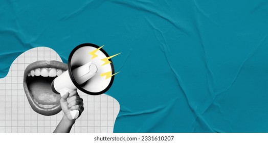 Human hand with megaphone and female open mouth on blue background. Modern design, modern art collage. Inspiration, idea, trendy urban magazine style. Negative space for advertising. - Shutterstock ID 2331610207