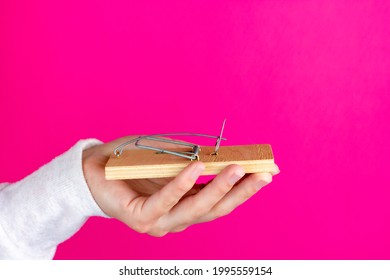 Human Hand With A Mousetrap. Mouse Trap.