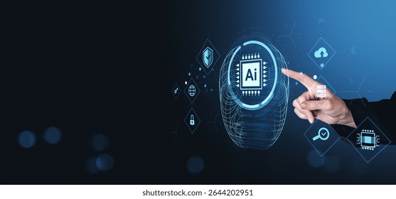 Human hand pointing at AI chip inside digital wireframe head with technology symbols, futuristic interface style, on a gradient blue background, concept of innovation