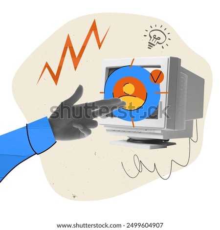 Human hand pointing on computer screen showing personal icon. Personalization, customer profile, segmentation and target advertisement. Contemporary art collage. Concept of digital marketing, business