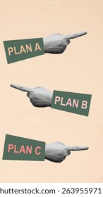 Human hand pointing to plan A, plan B, and plan C with a colored background. Concept of planning. Collage art