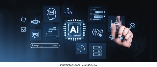 A human hand points at a digital interface with glowing blue AI and chatbot icons, circuit chip, and cloud on dark background, concept of technology