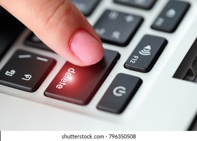 Human Hand Press Delete Button On Computer Keyboard
