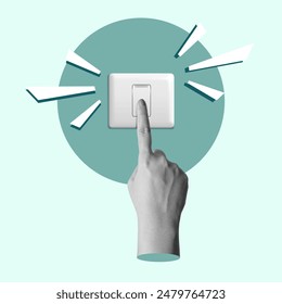 A human hand presses a switch button on a colored background. Collage art