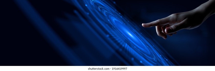 Human hand pressing on virtual digital screen. - Powered by Shutterstock