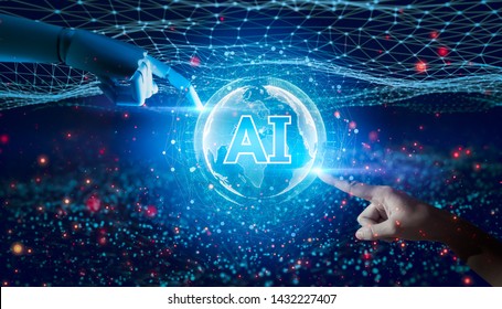 Human Hand And Robot Hand Pointing At Glowing Digital Brain. Artificial Intelligence And Future Technology.AI(Artificial Intelligence) Concept. Deep Learning.