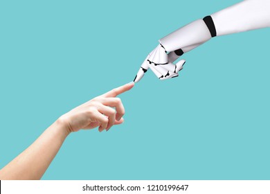 Human hand and robot hand system concept Integration and coordination of intellectual technology and vintage - Shutterstock ID 1210199647