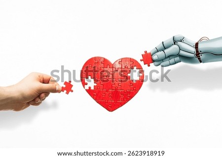 A human hand and a robotic hand collaboratively fitting pieces of a heart-shaped puzzle. Symbolizes the growing connection, harmony and affection between humans and artificial intelligence.
