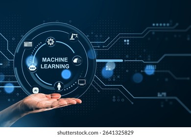 Human hand showing machine learning interface with artificial intelligence icons in neon blue style on a digital tech background for future concept