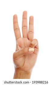 Human Hand Showing Three Number Sign Against White Background
