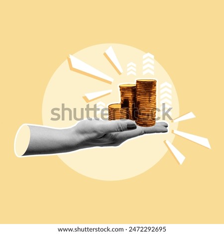A human hand shows a golden stack of coins with an increase sign on a colored background. Collage Art of business and finance