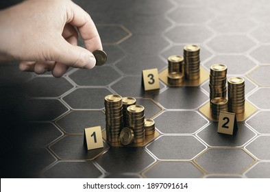 Human hand stacking coins over black background with hexagonal golden shapes. Concept of angel investor and investing in startup companies. Composite image between a hand photography and a 3D backgrou - Shutterstock ID 1897091614