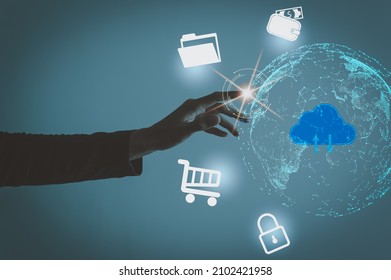 Human hand touch the simulate digital world , show cloud technology concept for manage big data , finance , shopping  and security