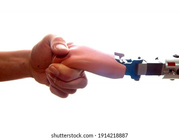human hand touches a prosthetic hand, human encounters a machine