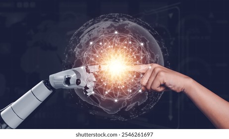 Human hand touches robot hand with digital world, 3d rendering.