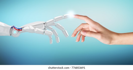 Human Hand Touching An Android Hand.