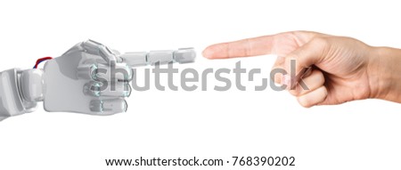 Human hand touching an android hand.