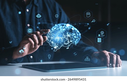 Human hand touching digital brain hologram with futuristic icons, glowing blue style, on dark background. Concept of innovation and artificial intelligence - Powered by Shutterstock - Get 15% off with code: PIKWIZARD15