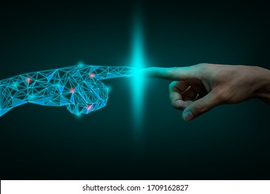 a human hand touching with digital hand, digital transformation  concept