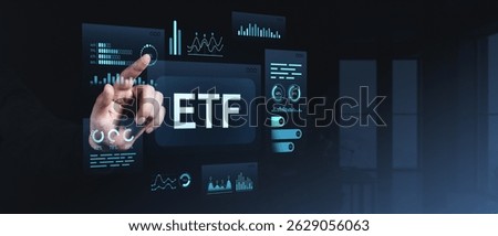 Human hand touching interactive ETF interface with data charts and graphs, modern graphic style, dark office background, concept of finance