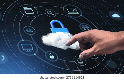 Human hand touching virtual lock in cloud hologram over digital screen background with cyber icons, symbolizing cloud security and data protection