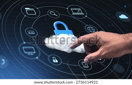 Human hand touching virtual lock in cloud hologram over digital screen background with cyber icons, symbolizing cloud security and data protection