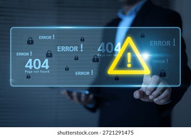 Human hand touchscreen warning caution 404 page not found error system or problem computer network firewall protection for cyber threat attack security risk alert hacker or cybercrime safety prevent.