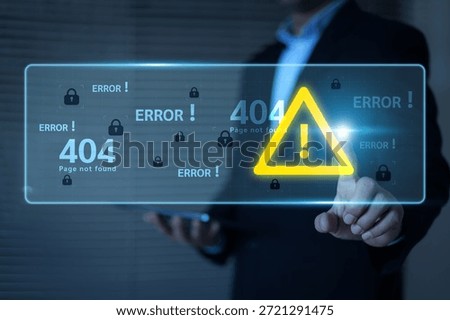 Human hand touchscreen warning caution 404 page not found error system or problem computer network firewall protection for cyber threat attack security risk alert hacker or cybercrime safety prevent.