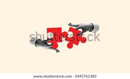 Human hands connecting puzzles symbolizing coordinated teamwork, well-planned strategy for career development and company growth. Contemporary art collage. Concept of business, office,
