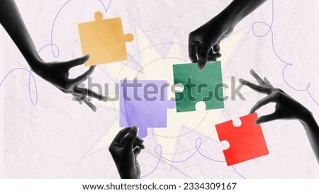 Human hands connecting puzzles. Well-coordinated teamwork. Strategy. Contemporary art collage. Conceptual design. Concept of business and professional occupation, career, office, ambitions, ad
